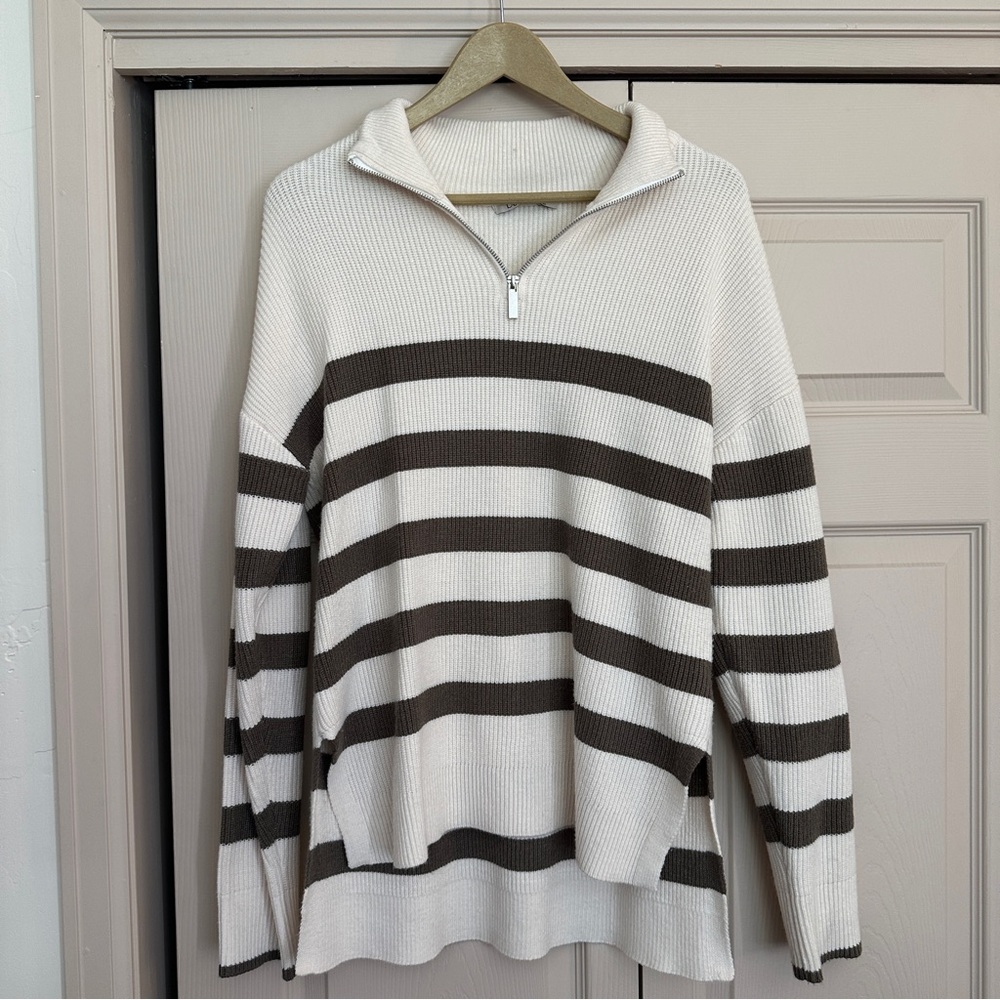Dex Cream and Brown Striped Zip-Up Sweater